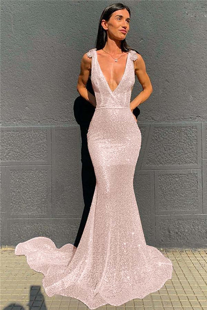 Deep V-Neck  Mermaid Prom Dress Open Back Sequins