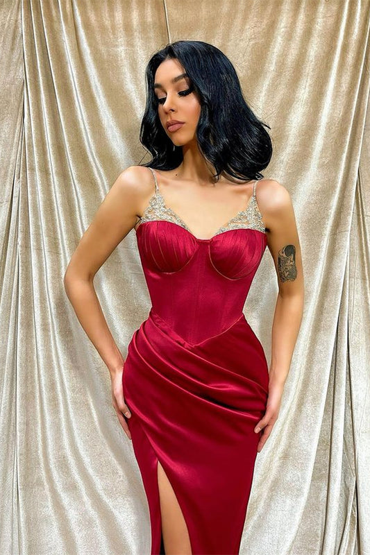 Spaghetti-Straps Front Slit Burgundy Mermaid Evening Dress With Beadings
