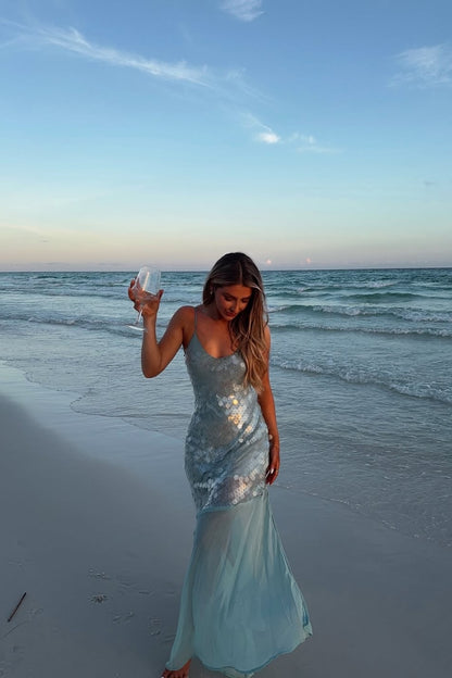 Fashionable Sleeveless Spaghetti Straps Long Evening Dress With Sequins