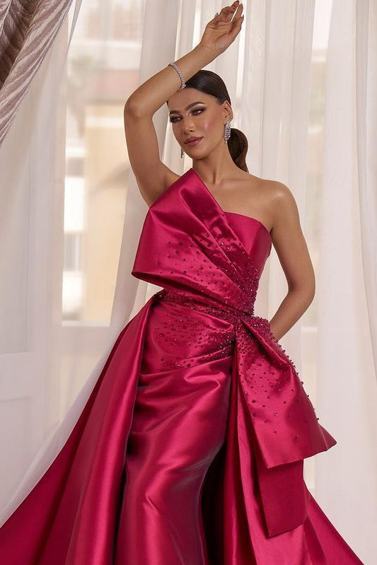 Glamorous Fuchsia Satin Strapless Sleeveless Long Bow Prom Dress with Beadings