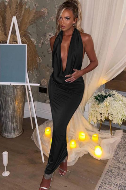 Black Halter Deep V-Neck Prom Dress