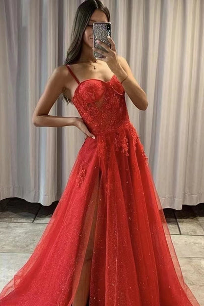 Red Spaghetti-Strap Sweetheart Slit Sequins Prom Dress With Tulle