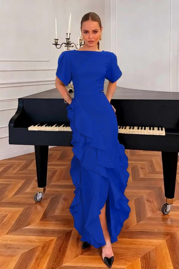 Charming Black Jewel Neck Short Sleeves Ruffles Split Evening Dress