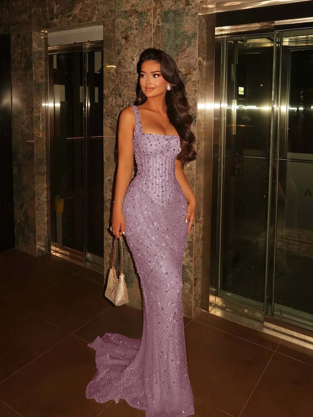 Lavish Square Sleeveless Wide Straps Beaded Mermaid Prom Dress