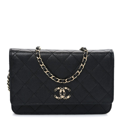 Shiny Caviar Enamel Quilted CC Wallet On Chain WOC Black