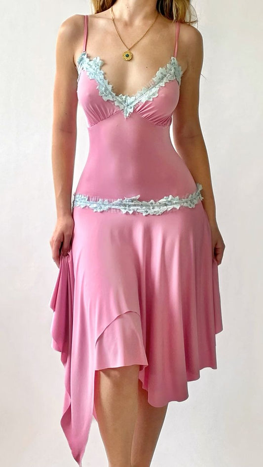 Cute Barbie Pink A Line Spaghetti Strap White Lace Satin Homecoming Dress Outfits SH3766