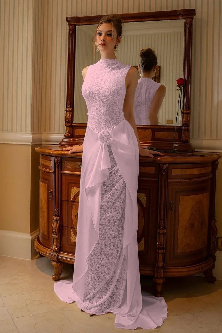 High Neck Sleeveless Mermaid Evening Dress With Lace Embroidery