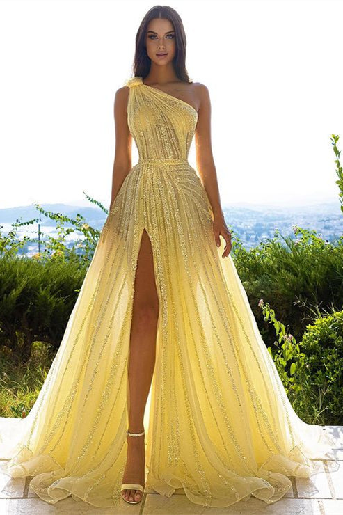 Sequins One Shoulder Prom Dress Daffodil With Front Slit