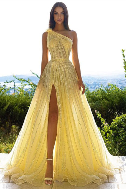 Sequins One Shoulder Prom Dress Daffodil With Front Slit