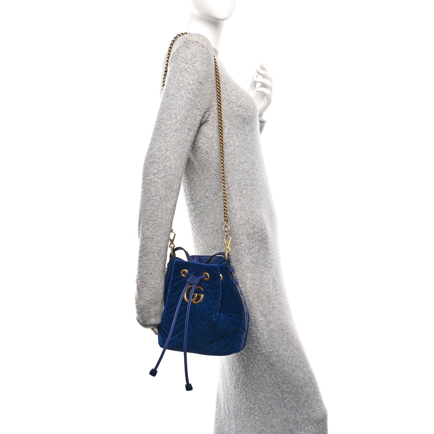 Velvet Matelasse GG Marmont Bucket Bag Cobalt Blue