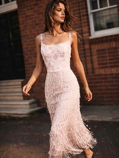 Romantic Pink Spaghetti-Straps Applique Beadings Sleeveless Evening Dress