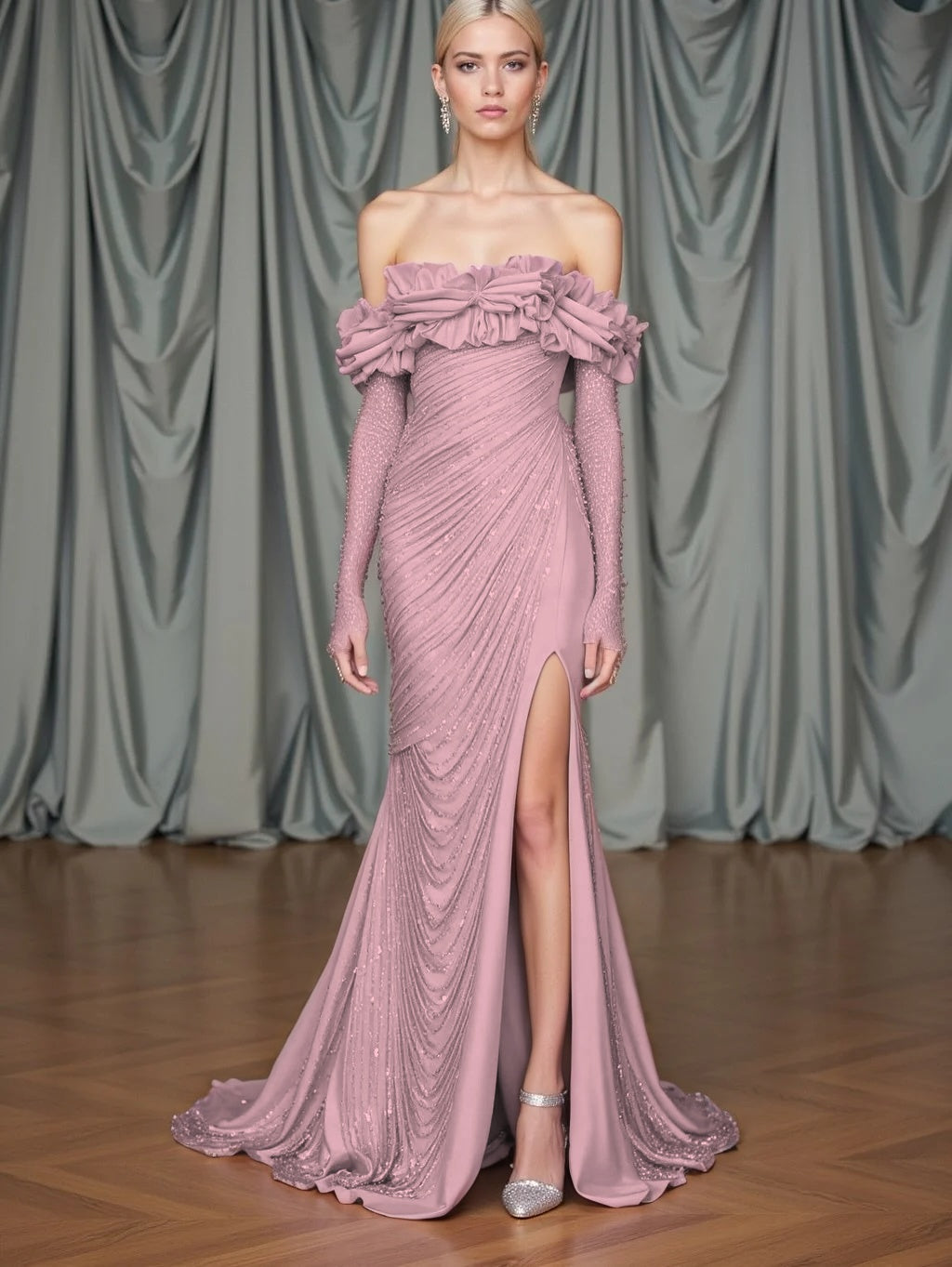 Long Sleeves Strapless Mermaid Slit Prom Dress With Sequins