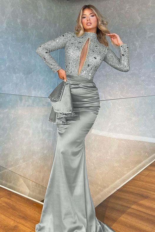 High Collar Long Sleeves Mermaid Prom Dress With Beadings