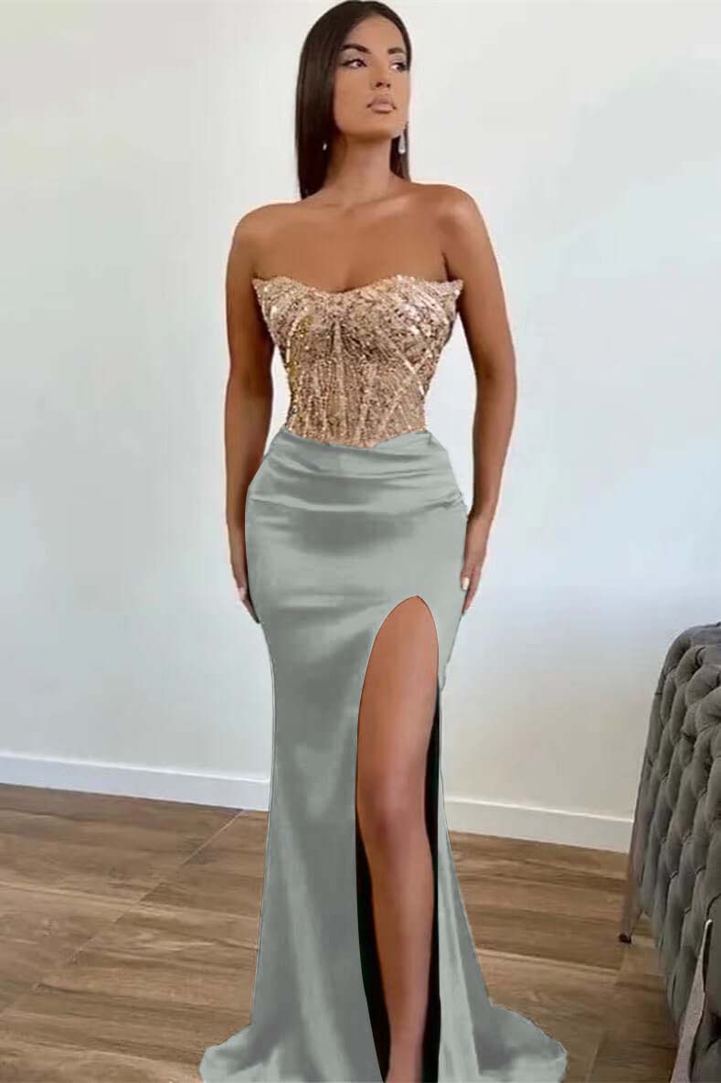 Green Applique Beadings Mermaid Prom Dress Slit With Strapless