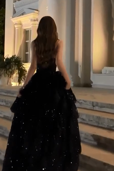 Stunning Black Sequins Sleeveless Strapless Split Long Prom Dress with Ruffles