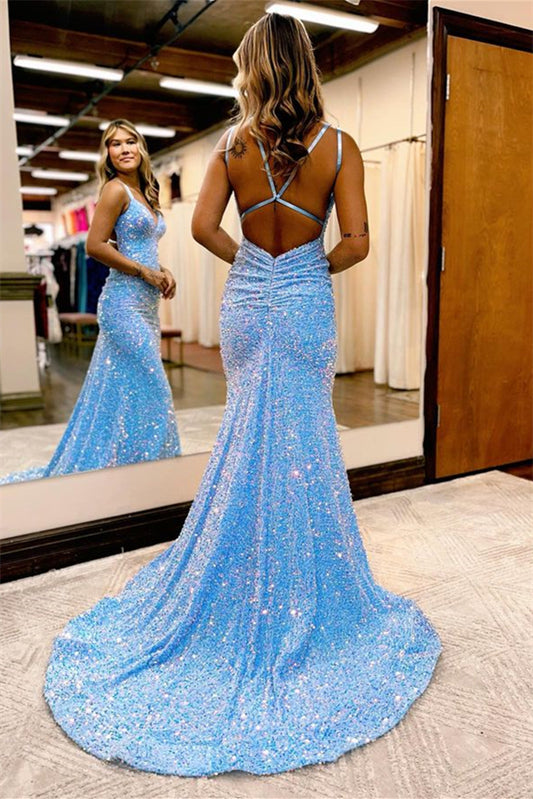 Blue Mermaid Evening Dress Open Back For Grad Party