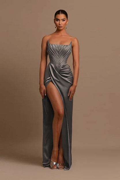 Elegant Dark Green Square Neck Slit Sleeveless Prom Dress With Pleats