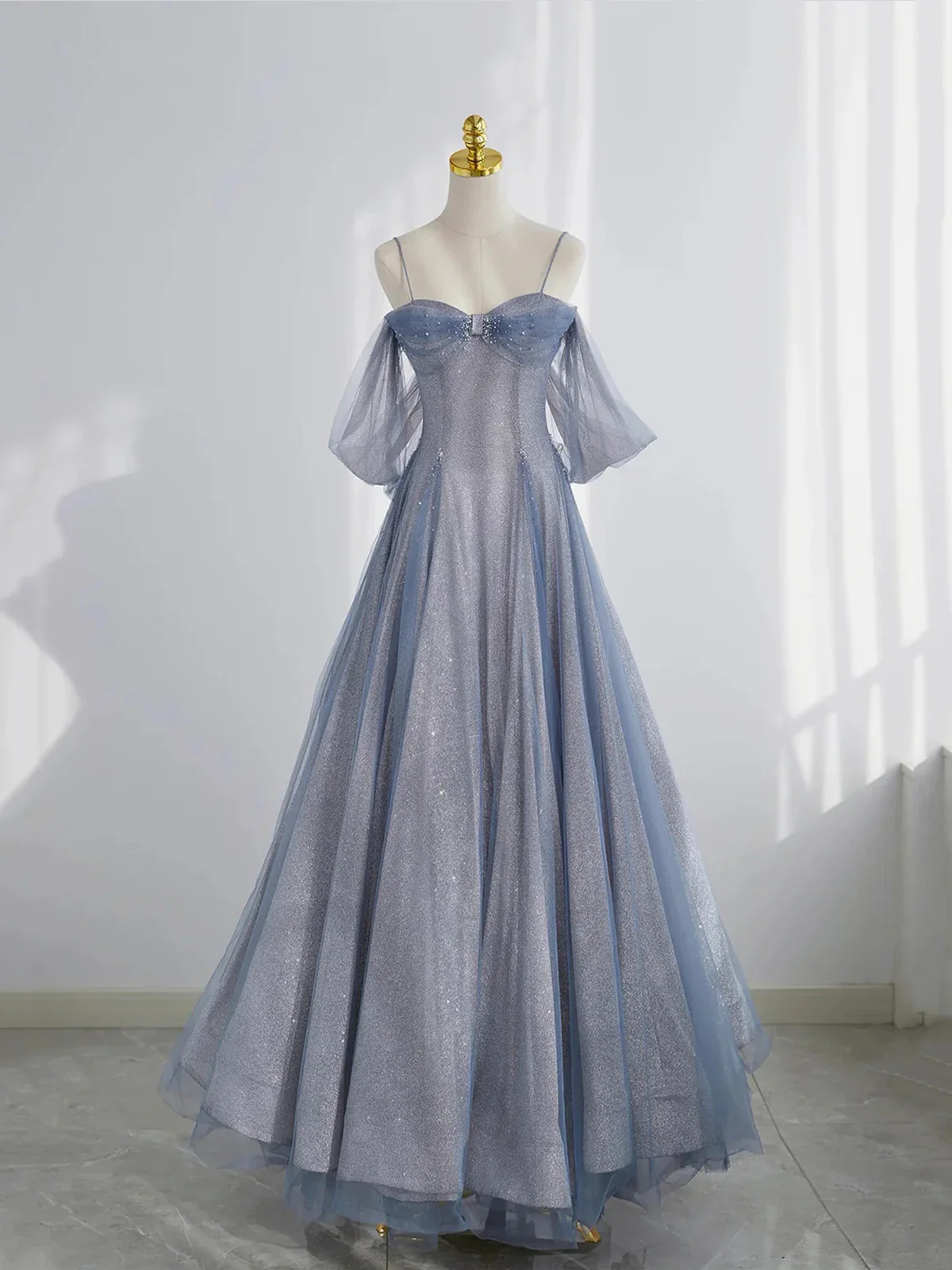 Glitter Blue Tulle A-Line Evening Dress, Blue Off Shoulder Prom Dress with Puff Sleeves  fg8738