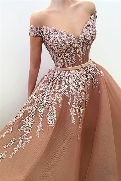 Off-The-Shoulder Appliques Elegant V-Neck Mermaid Prom Dress With Belt