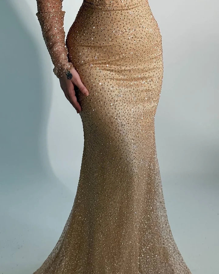 Glamorous Off-The-Shoulder Long Sleeves Beads Mermaid Prom Dress