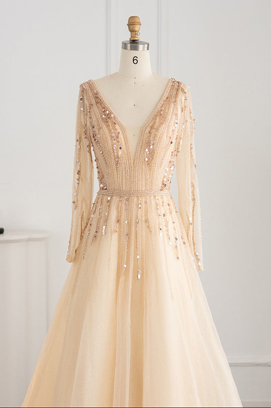 V Neck Long Sleeves A Line Evening Dress Tulle With Sequins