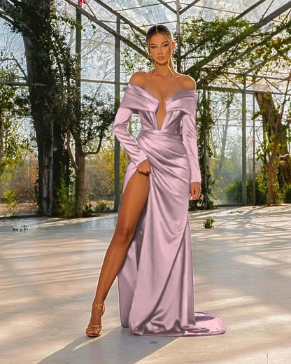 Royal Blue Long Sleeve Strapless Slit Prom Dress