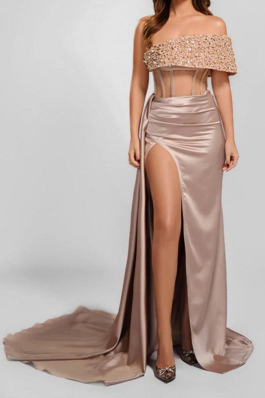 Glamorous Black Satin Off the Shoulder Strapless High Split Prom Dress with Beadings