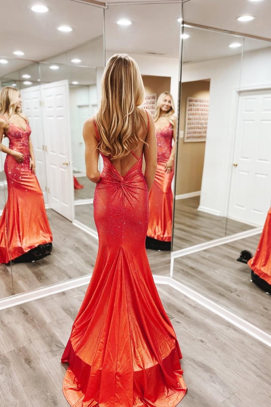 Shinning Orange Spaghtti Strap Sleeveless V Neck Mermaid Prom Dress with Beadings