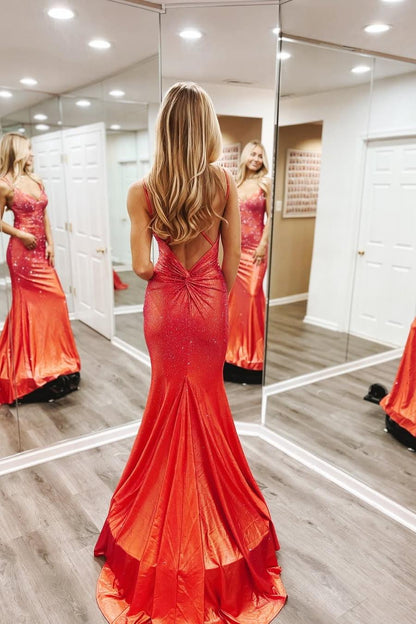 Shinning Orange Spaghtti Strap Sleeveless V Neck Mermaid Prom Dress with Beadings