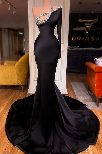 Black Long Sleeves One-Shoulders Strap Mermaid Prom Dress
