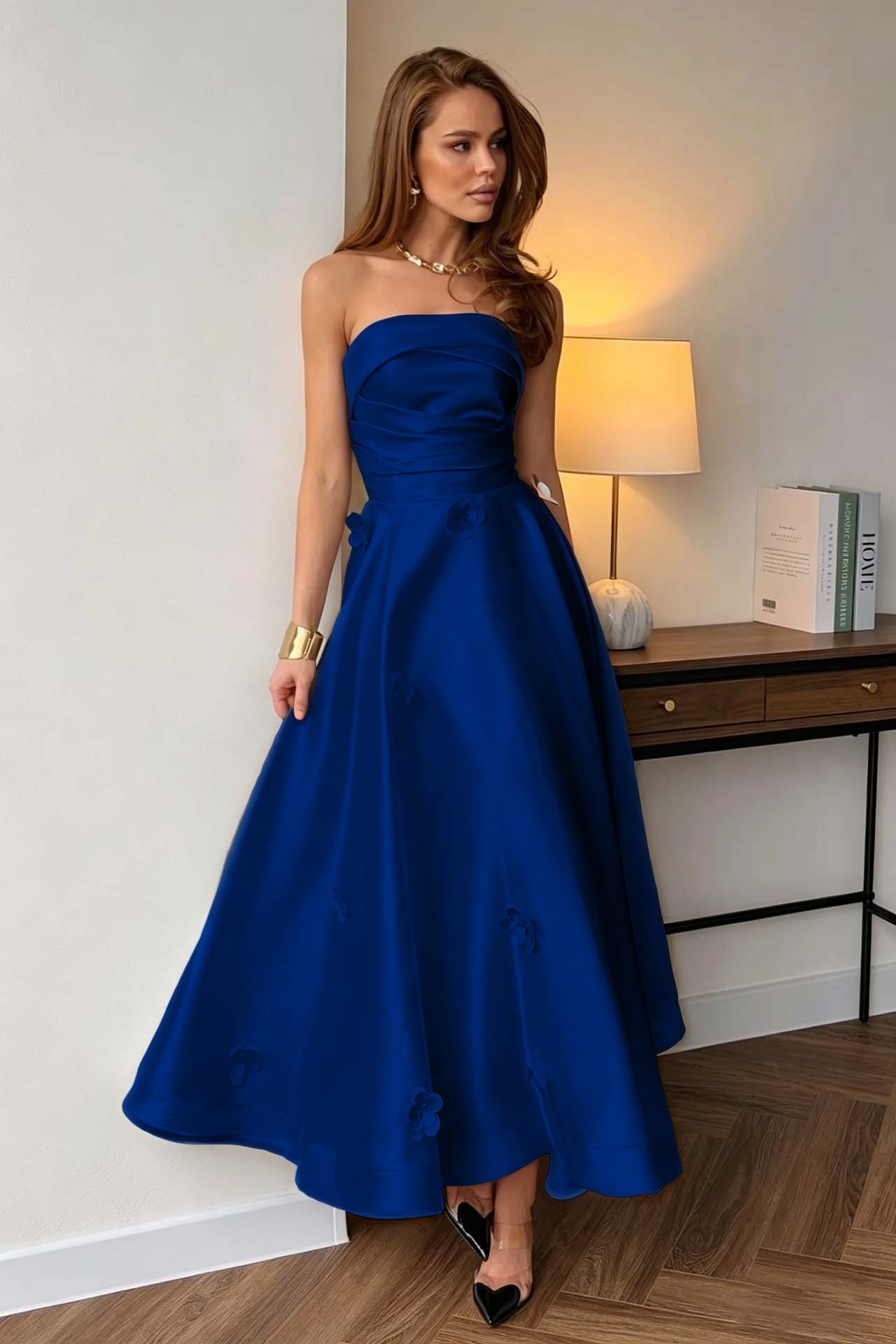 Black Strapless A-Line Evening Dress Sleeveless in Satin with Flower