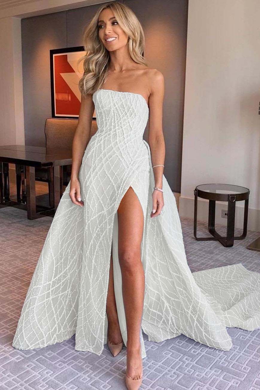 Stunning Light Blue Sleeveless Strapless Long Split Prom Dress with Embroidery