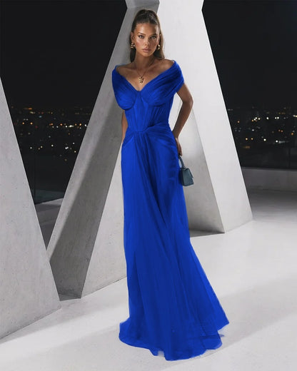Flowing Dusty Blue Off-The-Shoulder Pleated Long Tulle Evening Dress