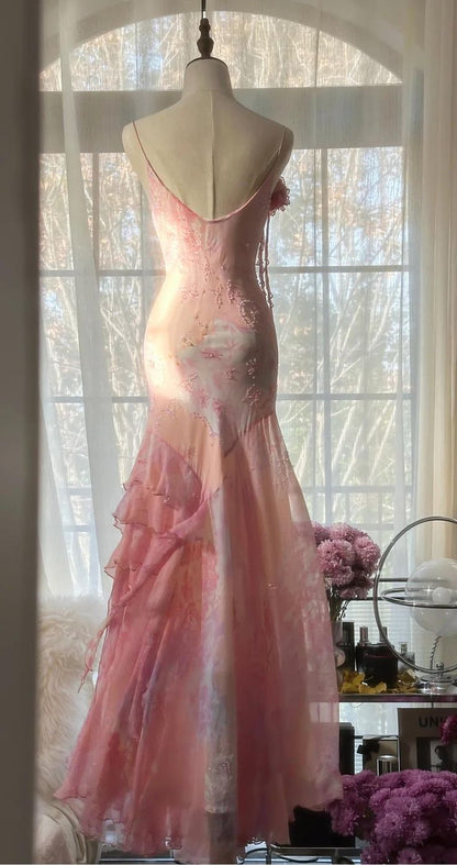 Fairytale Pink Mermaid Spaghetti Strap Beaded Ruffle Chiffon Prom Dress SH2664