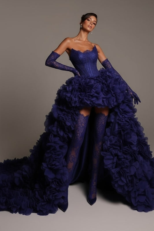Sleeveless Strapless A Line Embroidery Pleated Prom Dress With Gloves