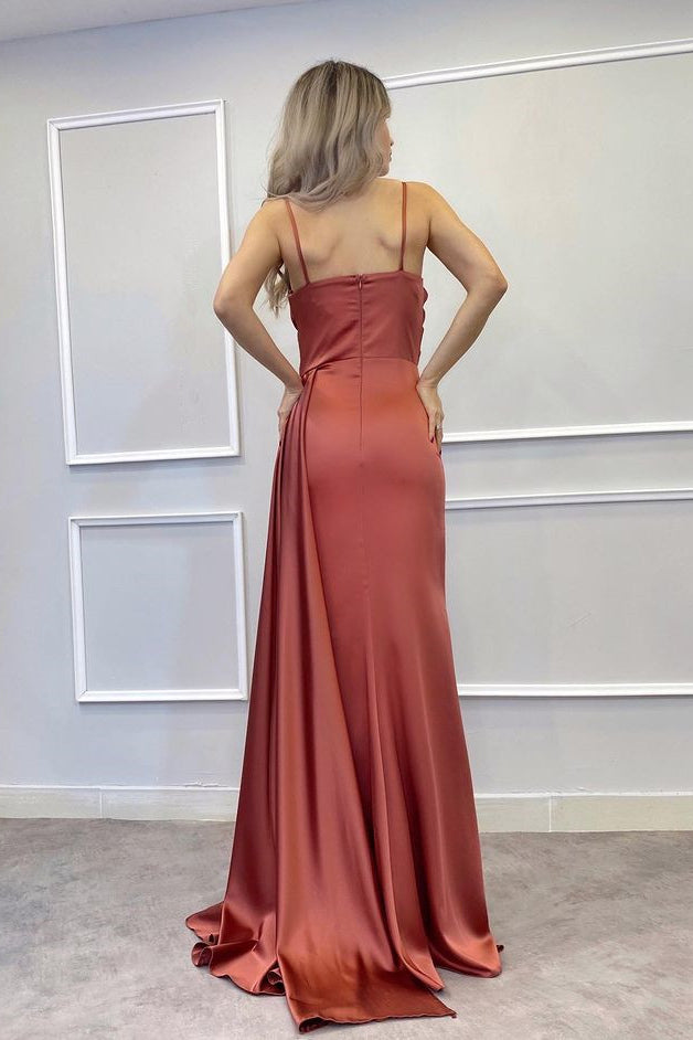 Beadings Long Spaghetti-Straps Mermaid Prom Dress Split With Ruffles