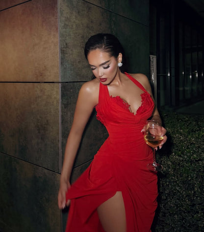 Red Sleeveless Halter Straps Slit Deep V-Neck Prom Dress