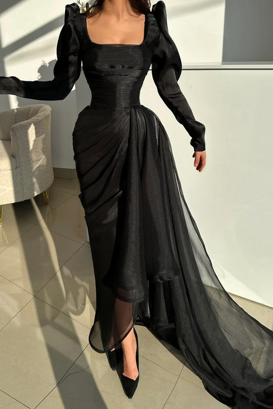 Elegant Long Square Sleeves Mermaid Pleated Prom Dress