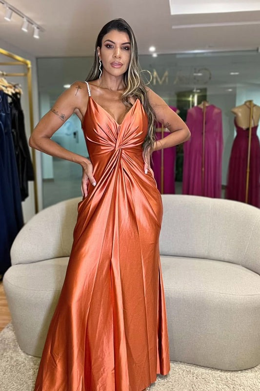 Sleeveless Spaghetti Straps Deep V-Neck Pleated Prom Dress