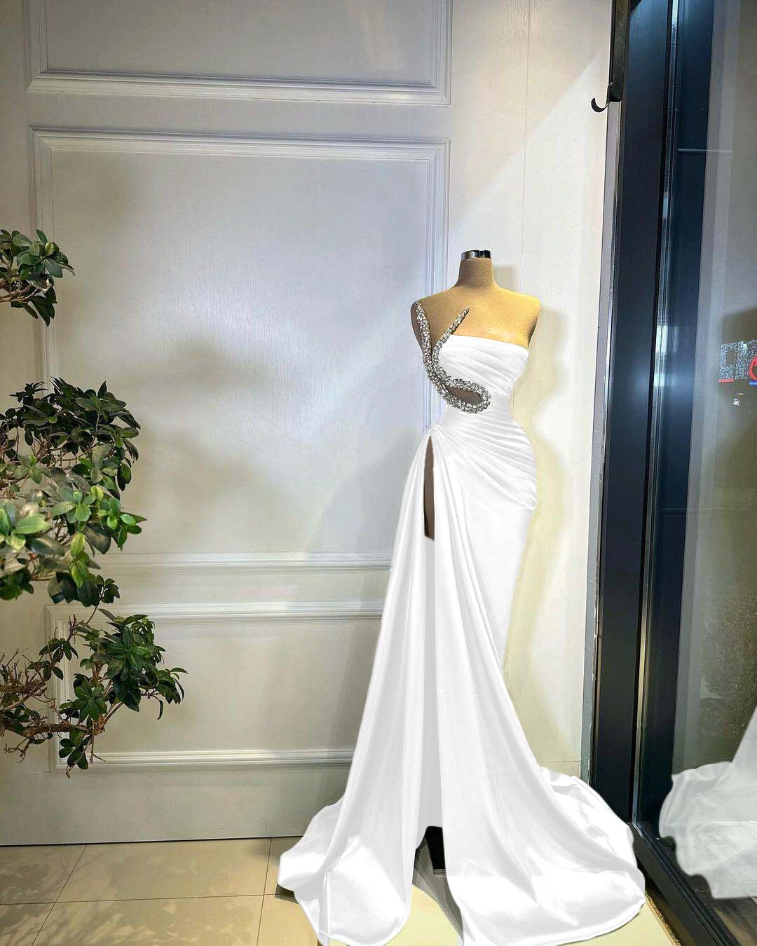 Green Strapless Pleated Long Beaded High Split Prom Dress