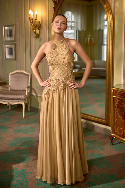 Halter Evening Dress Floor Length Sheath with Beading and Flower
