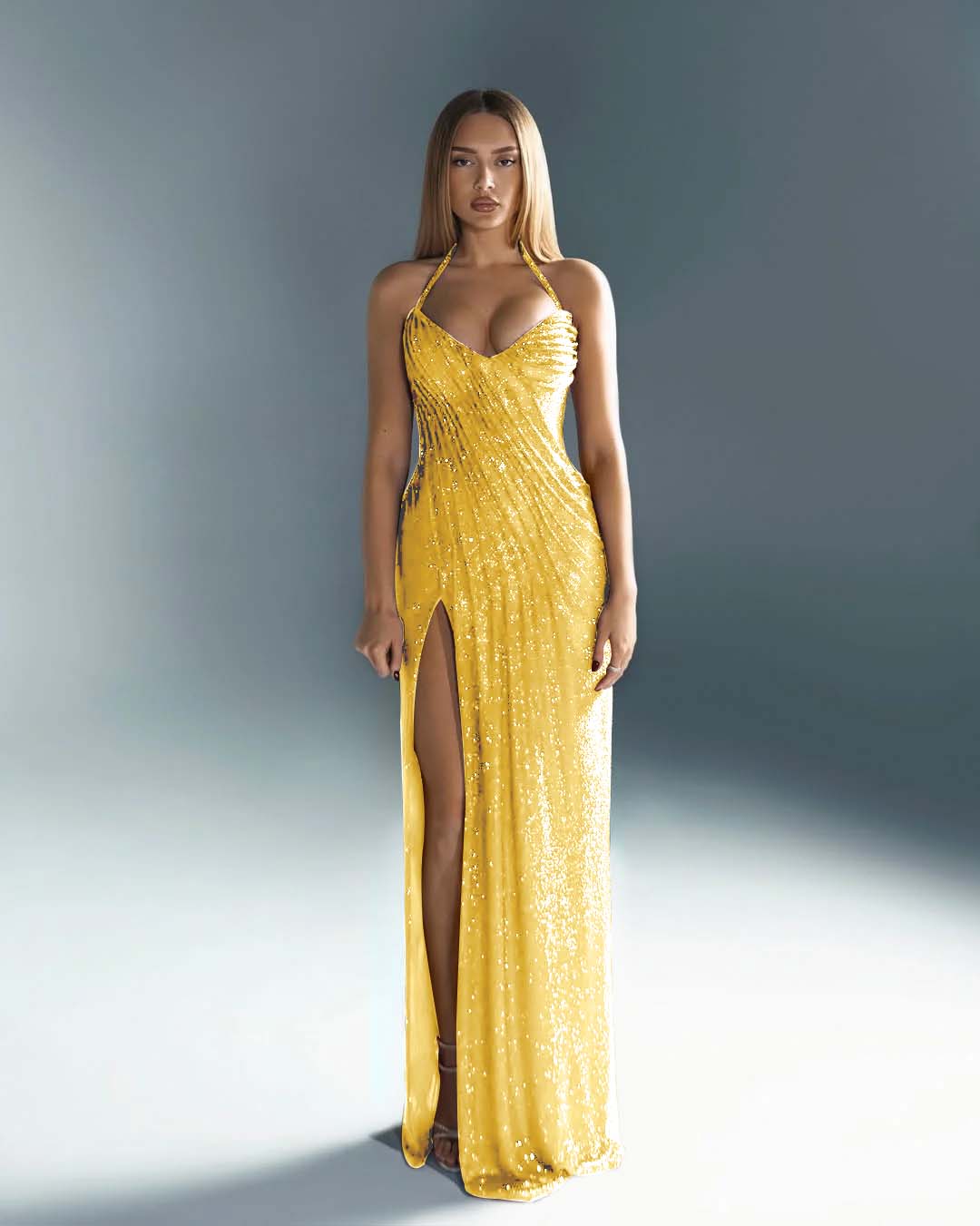Sleeveless Halter Straps V-Neck Slit Prom Dress With Sequin