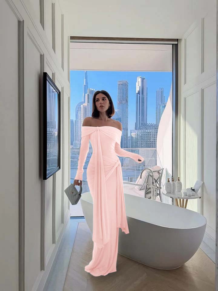 Chic Sky Blue Off-The-Shoulder Long Sleeves Pleated Chiffon Evening Dress