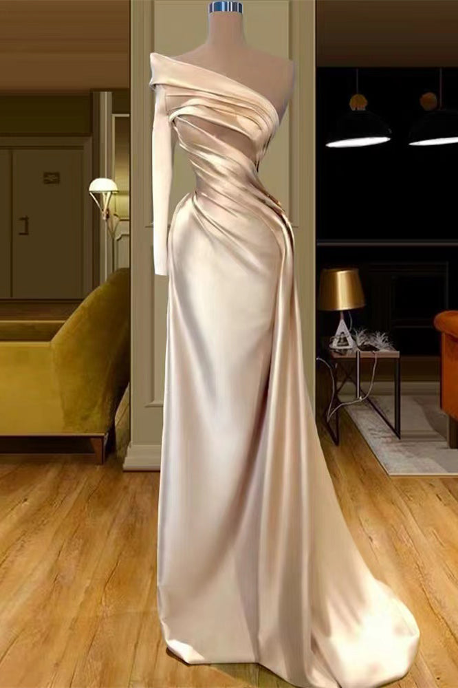 One Shoulder Champagne Long Sleeves Prom Dress Mermaid