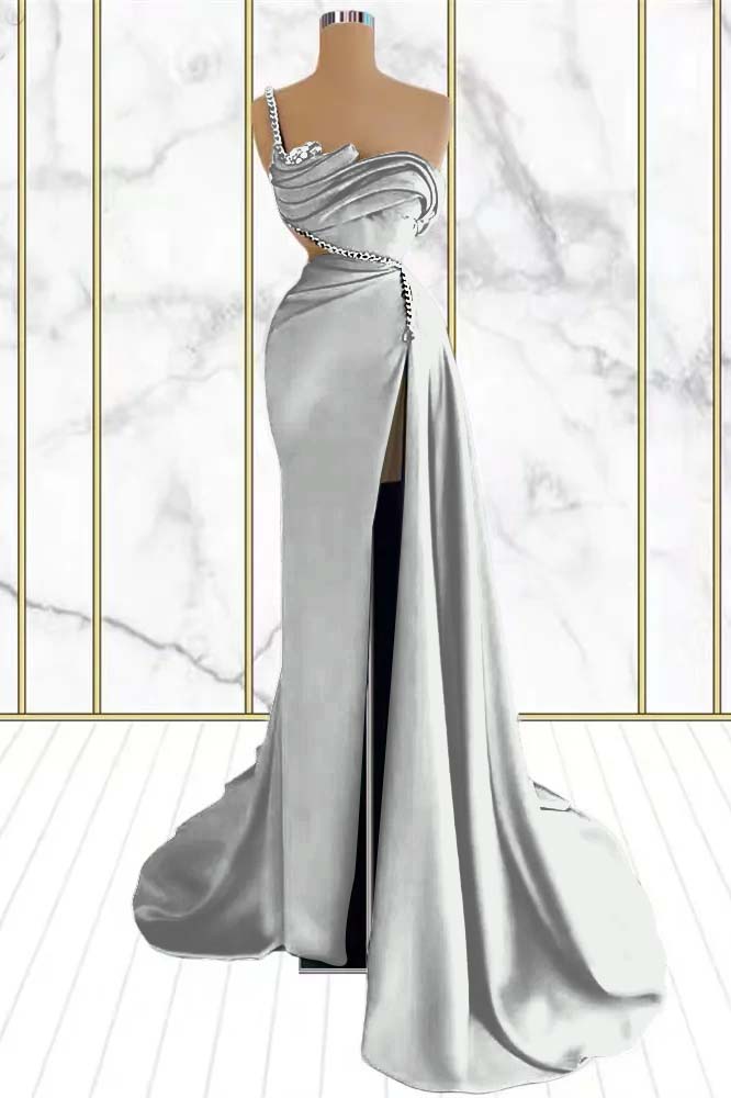 Emerald Rhinestone Mermaid One Shoulder Prom Dress With Split