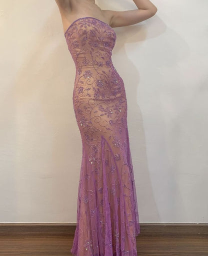 Vintage Sheath Strapless Beaded Chiffon Satin Long Party Dress Evening Dress SH2786