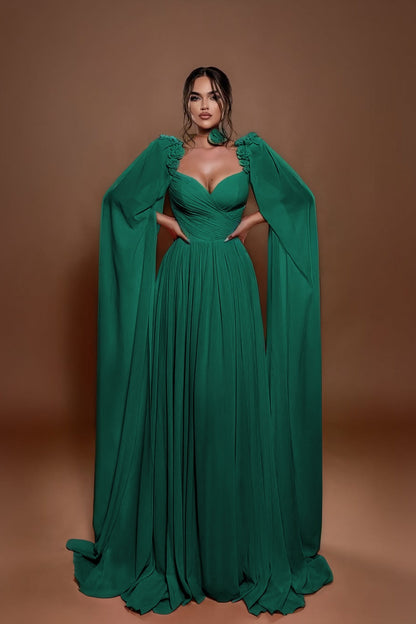 Chic A Line Sleeveless Long Pleated Prom Dress With Shoulder Cape