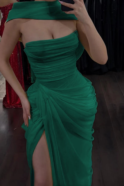 Elegant Yellow Sleeveless Strapless Split Long Evening Dress With Scarf