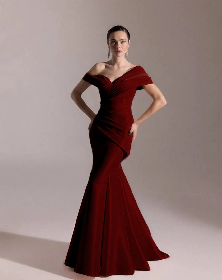 Classic Blushing Pink Off-The-Shoulder Mermaid Pleated Evening Dress