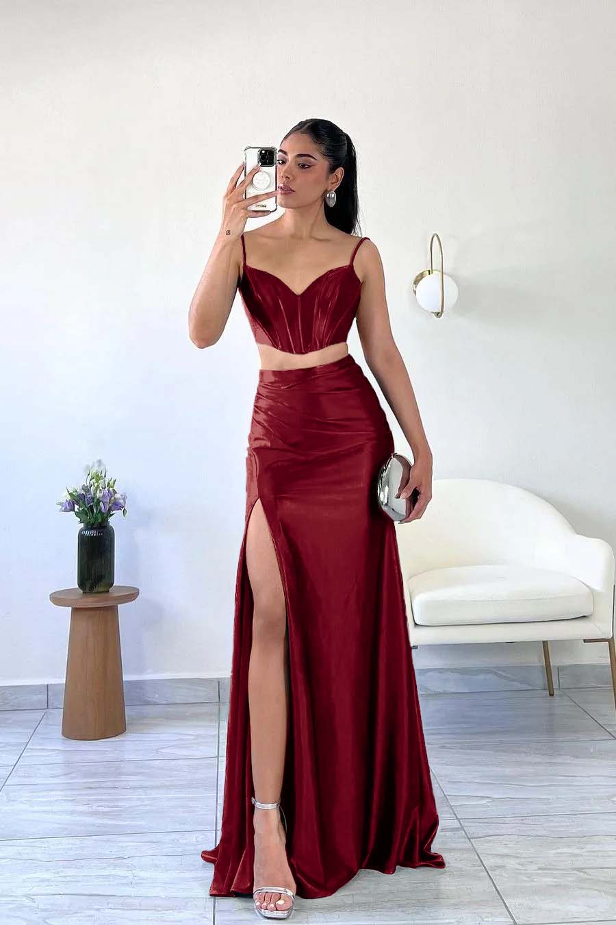 Simple Dark Green Satin Spaghetti Strap Sleeveless Long Prom Dress with Split